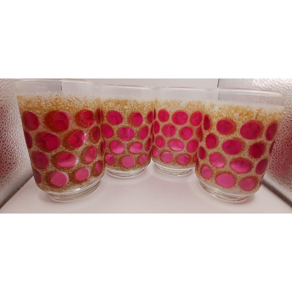 VINTAGE Set Of 4 Libbey Cranberry Concord Frosted Polka Dot Drinking Glass 12 Oz
